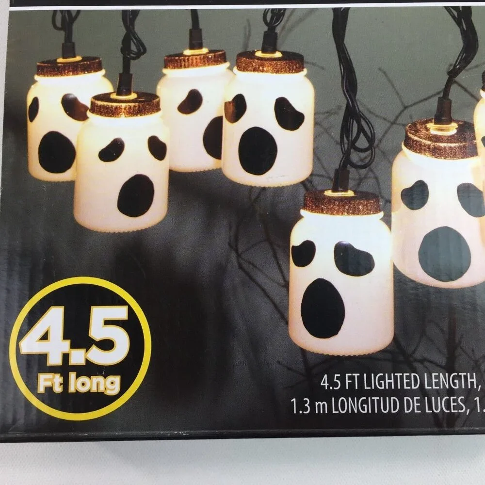 Halloween 8 LED Ghost Mason Jar Lights Indoor Use Decoration Spooky Cute Design